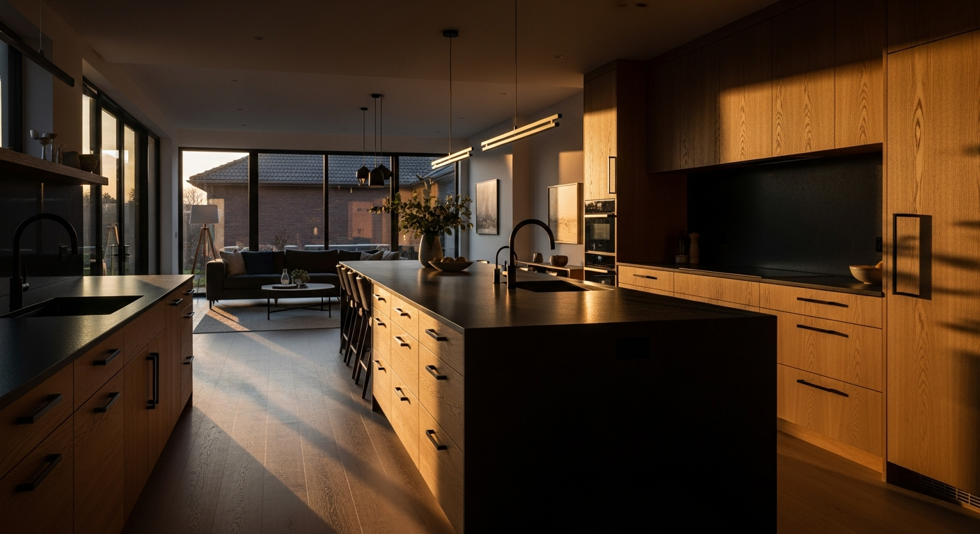 A renovated modern home interior, warm oak and matte black, amber evening light
